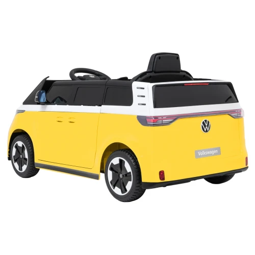 Ujęcie tyłu i boku z listwą świetlną LED – żółty Volkswagen ID. Buzz, pojazd na akumulator dla dzieci.webp