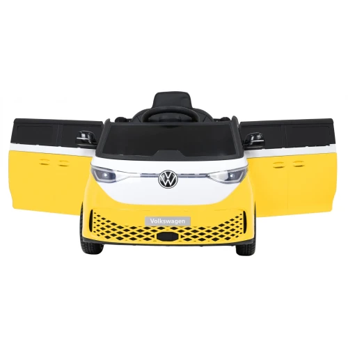 Przód z otwartymi drzwiami i włączonymi reflektorami LED – żółty Volkswagen ID. Buzz na akumulator dla dzieci.webp