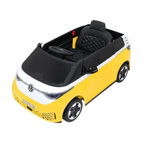 Ujęcie z góry na przód i przestronne wnętrze z fotelem – żółty Volkswagen ID. Buzz, auto elektryczne na akumulator dla dzieci.webp