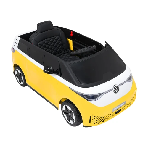 Ujęcie z góry na wnętrze z kierownicą i pikowanym fotelem – żółty Volkswagen ID. Buzz na akumulator dla dzieci.webp