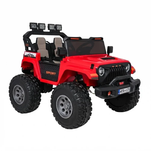 Ujęcie przodu i boku od strony pasażera z napisem SPORT – czerwony Extreme Sport 4x4, samochód na akumulator dla dzieci.webp