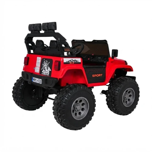 Ujęcie tyłu i boku z klatką bezpieczeństwa i szerokimi oponami – czerwony Extreme Sport 4x4 na akumulator dla dzieci.webp