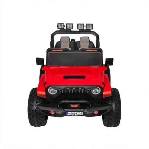 Widok z przodu z fotelami, lusterkami i szybą – czerwony Extreme Sport 4x4, auto elektryczne na akumulator dla dzieci.webp