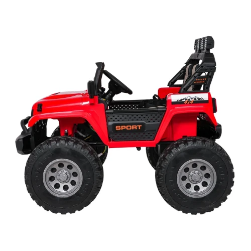 Profil boczny z naklejką 4x4, progiem SPORT i kołami off-road – czerwony Extreme Sport 4x4, auto elektryczne dla dzieci.webp