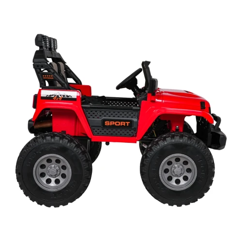 Widok z boku z klatką bezpieczeństwa i halogenami LED – czerwony Extreme Sport 4x4, samochód na akumulator dla dzieci.webp