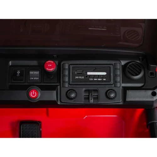 Panel sterowania z radiem 24V PLUS, portem USB, wejściem AUX i przełącznikiem biegów – deska rozdzielcza czerwonego Extreme Sport 4x4 na akumulator dla dzieci.webp