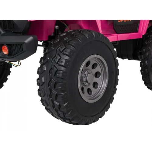 Koło z terenową oponą 200x150 i srebrną felgą – zbliżenie różowego Extreme Sport 4x4 na akumulator dla dzieci.webp