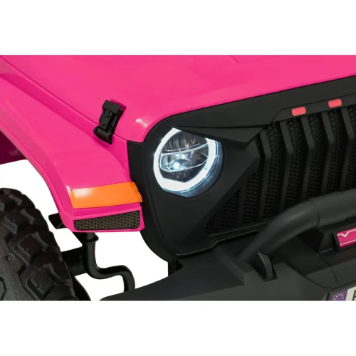 Świecący reflektor LED z ringiem i czarna atrapa chłodnicy – zbliżenie różowego Extreme Sport 4x4 na akumulator dla dzieci.webp
