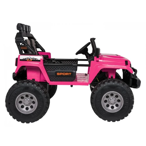 Profil boczny z progiem SPORT, naklejką 4x4 i kołami off-road – różowy Extreme Sport 4x4, auto elektryczne dla dzieci.webp