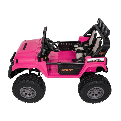 Widok z boku z klatką bezpieczeństwa i halogenami LED na dachu – różowy Extreme Sport 4x4, samochód na akumulator dla dzieci.webp