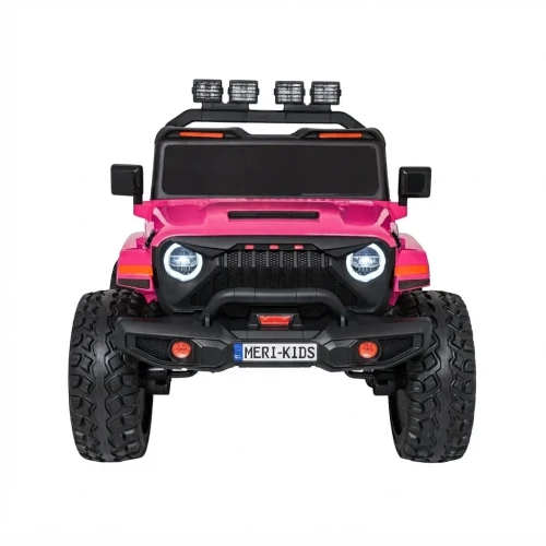 Widok z przodu z włączonymi reflektorami LED i halogenami dachowymi – różowy Extreme Sport 4x4, auto elektryczne na akumulator dla dzieci.webp