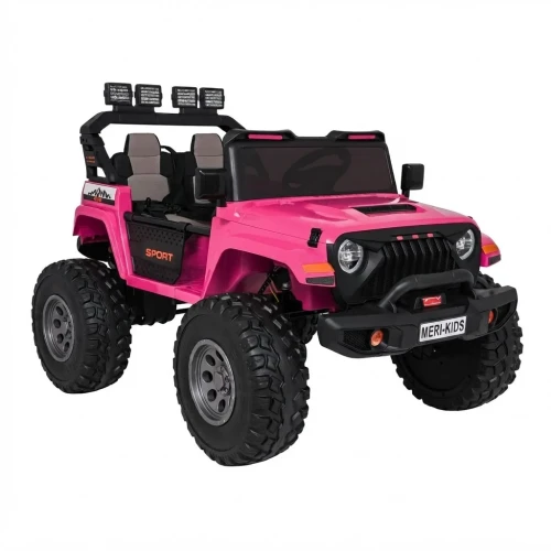 Ujęcie przodu i boku od strony pasażera z napisem SPORT i fotelami – różowy Extreme Sport 4x4, samochód na akumulator dla dzieci.webp
