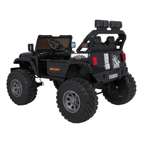 Ujęcie tyłu i boku z naklejką 4x4 OFF ROAD i tablicą MERI-KIDS – czarny Extreme Sport 4x4 na akumulator dla dzieci.webp