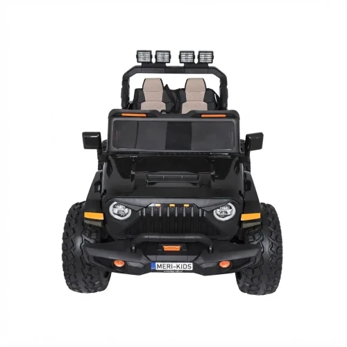 Widok z przodu z halogenami LED na klatce i szerokimi oponami – czarny Extreme Sport 4x4, samochód na akumulator dla dzieci.webp