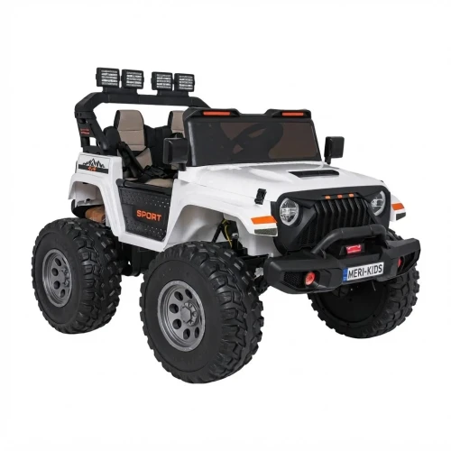 Ujęcie przodu i boku z napisem SPORT oraz terenowymi kołami – biały Extreme Sport 4x4, auto elektryczne na akumulator dla dzieci.webp