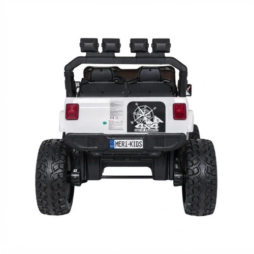 Widok z tyłu z lampami LED, naklejką 4x4 OFF ROAD i tablicą rejestracyjną – biały Extreme Sport 4x4, auto na akumulator dla dzieci.webp