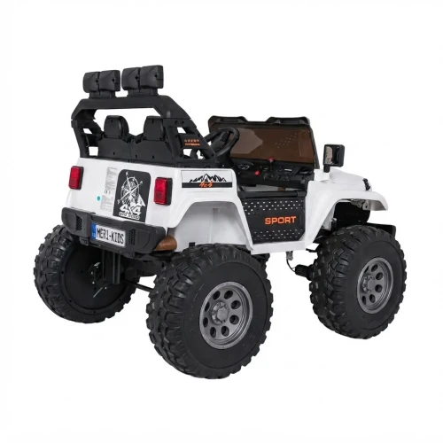 Ujęcie tyłu i boku z klatką bezpieczeństwa oraz szarymi felgami – biały Extreme Sport 4x4, samochód na akumulator dla dzieci.webp