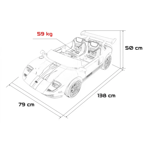 Wymiary auta – długość 138 cm, szerokość 79 cm, wysokość 50 cm i obciążenie 59 kg – czerwony Ford GT na akumulator dla dzieci.webp