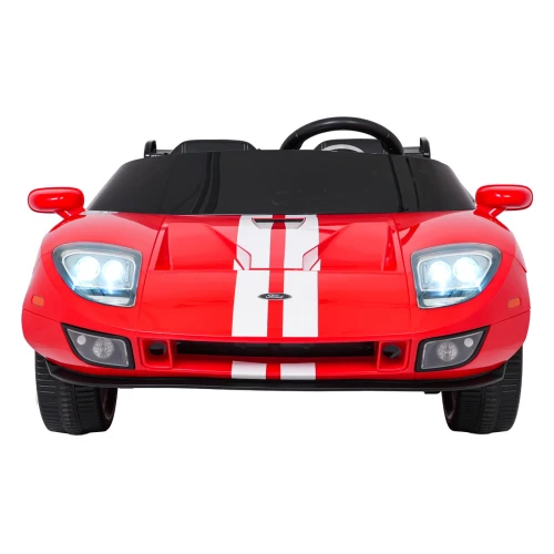 Widok z przodu z podświetlonymi reflektorami LED – czerwony Ford GT, samochód na akumulator dla dzieci.webp