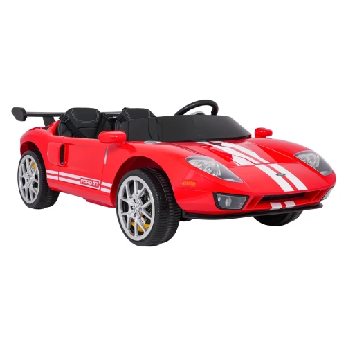 Ujęcie przodu i boku z chromowanymi felgami – czerwony Ford GT z pasami wyścigowymi, auto na akumulator dla dzieci.webp