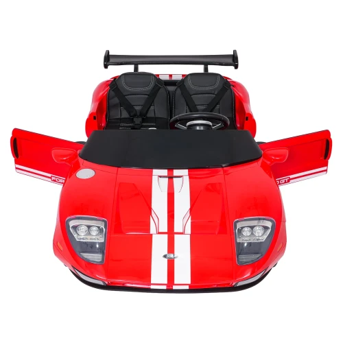 Widok z przodu z otwartymi drzwiami i reflektorami LED – czerwony Ford GT na akumulator dla dzieci.webp