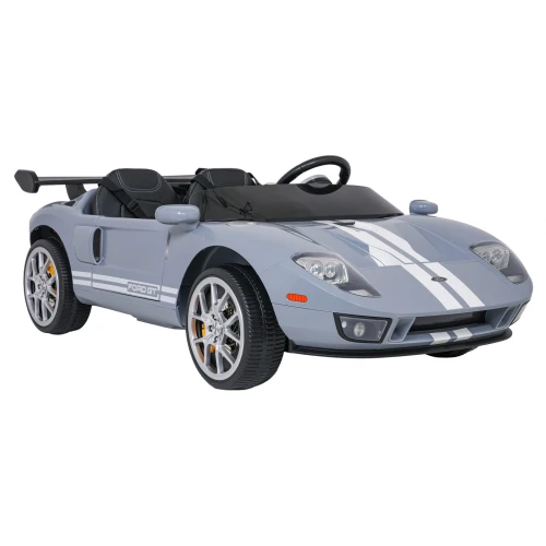 Ujęcie przodu i boku z chromowanymi felgami i spojlerem – szary Ford GT z pasami wyścigowymi, auto na akumulator dla dzieci.webp