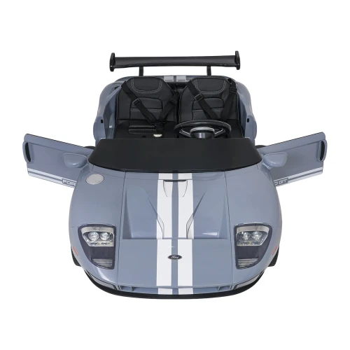 Widok z przodu z otwartymi drzwiami i reflektorami LED – szary Ford GT na akumulator dla dzieci.webp