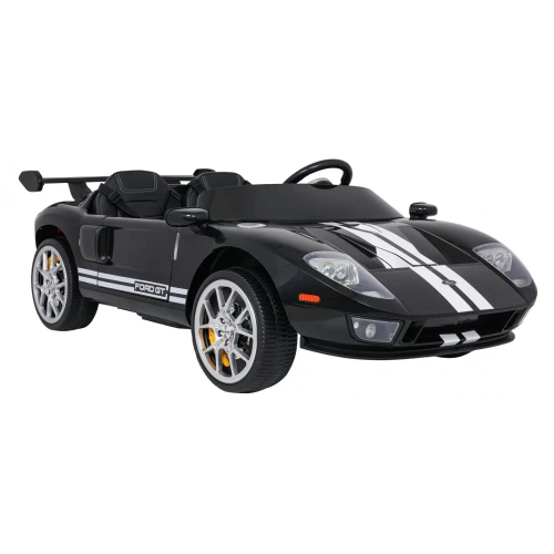 Ujęcie przodu i boku z chromowanymi felgami i spojlerem – czarny Ford GT z pasami wyścigowymi, auto na akumulator dla dzieci.webp