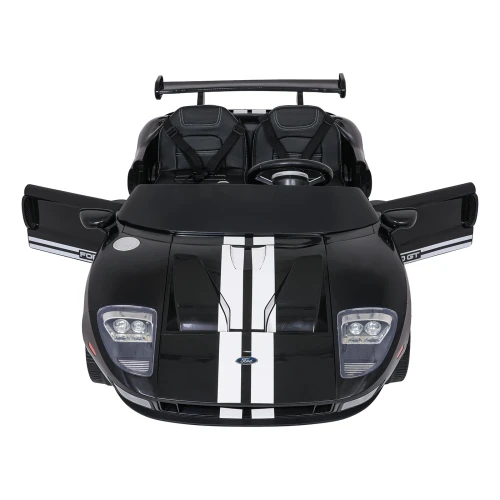 Widok z przodu z otwartymi drzwiami i reflektorami LED – czarny Ford GT na akumulator dla dzieci.webp