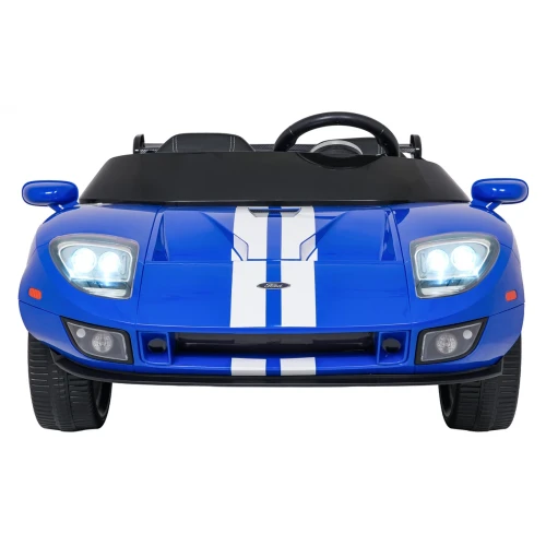 Widok z przodu z podświetlonymi reflektorami LED – niebieski Ford GT, samochód na akumulator dla dzieci.webp