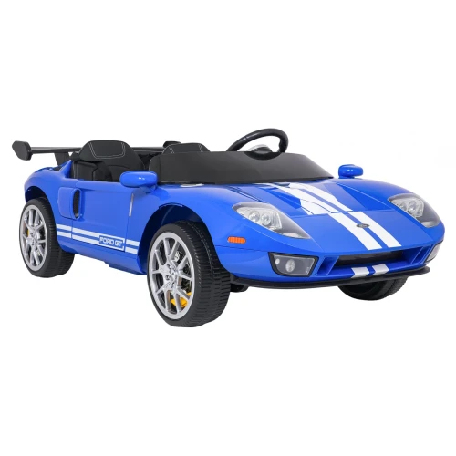 Ujęcie przodu i boku z chromowanymi felgami i spojlerem – niebieski Ford GT z pasami wyścigowymi, auto na akumulator dla dzieci.webp