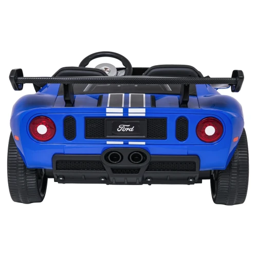 Widok z tyłu ze spojlerem, lampami LED i tablicą Ford – niebieski Ford GT na akumulator dla dzieci.webp