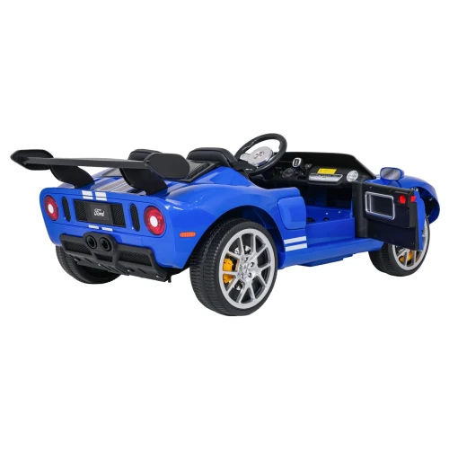 Tył z otwartymi drzwiami i widocznym kokpitem – niebieski Ford GT, samochód na akumulator dla dzieci.webp