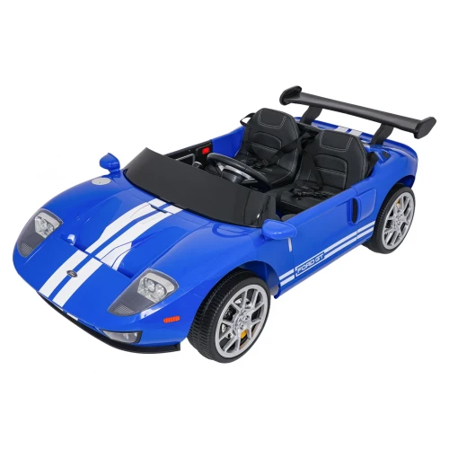 Widok z góry na wnętrze z fotelami, kierownicą i spojlerem – niebieski Ford GT, auto elektryczne na akumulator dla dzieci.webp