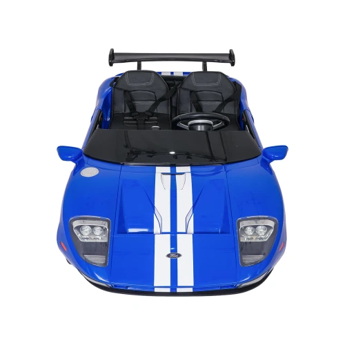 Widok z przodu z góry na wnętrze i białe pasy na masce – niebieski Ford GT na akumulator dla dzieci.webp