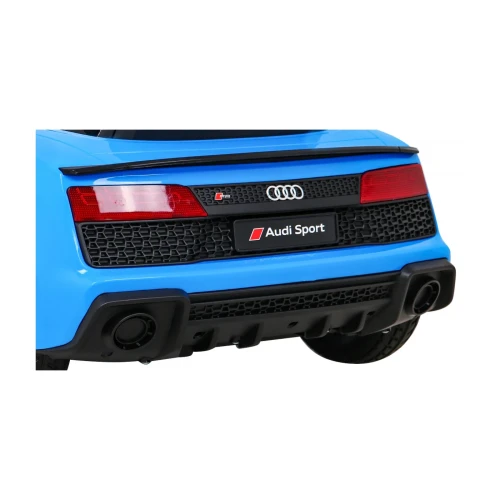Tylne lampy, spoiler i tablica Audi Sport z podwójnym wydechem – tył niebieskiego Audi R8 Lift na akumulator dla dzieci.webp