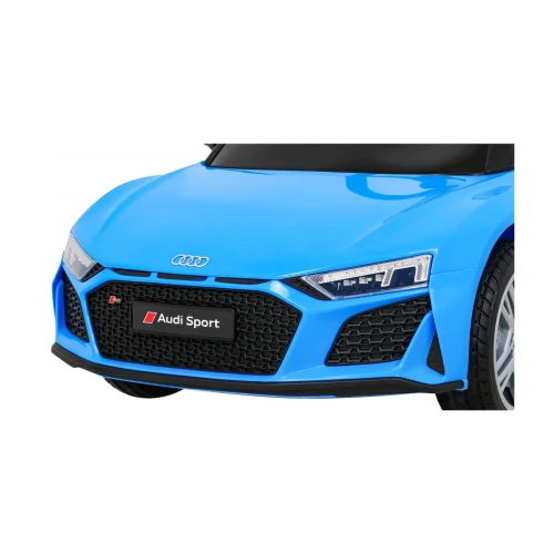 Przedni reflektor LED, logo Audi i grill z tablicą Audi Sport – zbliżenie maski niebieskiego Audi R8 Lift na akumulator dla dzieci.webp