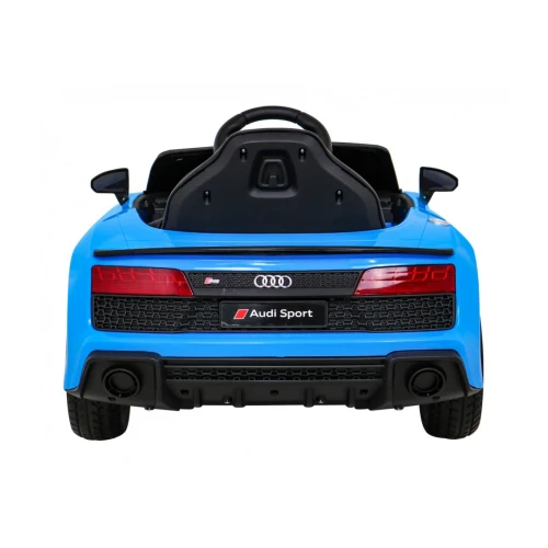 Widok z tyłu z oparciem fotela, lusterkami i tablicą Audi Sport – niebieskie Audi R8 Lift na akumulator dla dzieci.webp