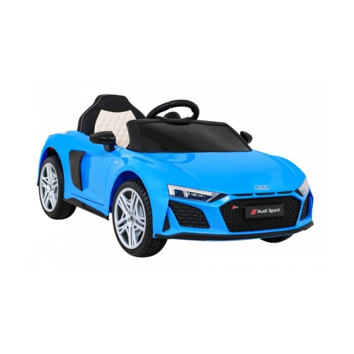 Ujęcie przodu i boku z fotelem z ekoskóry i reflektorami LED – niebieskie Audi R8 Lift, auto elektryczne na akumulator dla dzieci.webp