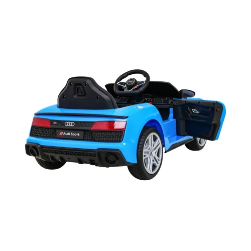 Tył z otwartymi drzwiami i widoczną kierownicą z logo Audi – niebieskie Audi R8 Lift, samochód na akumulator dla dzieci.webp