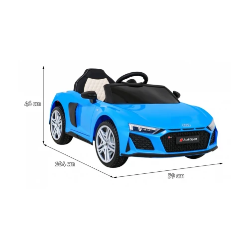 Wymiary auta – długość 104 cm, szerokość 59 cm i wysokość 46 cm – niebieskie Audi R8 Lift na akumulator dla dzieci.webp