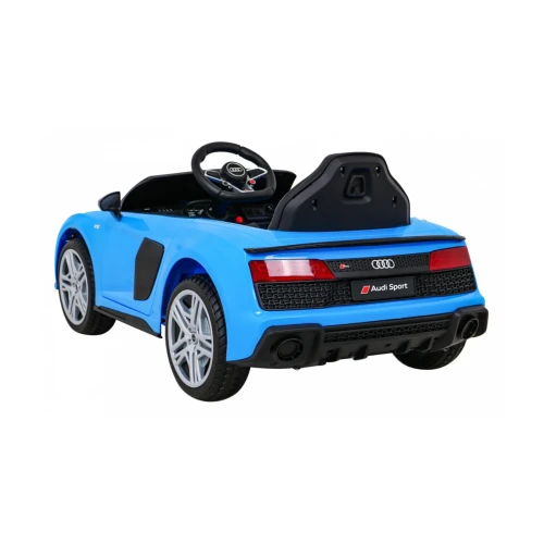 Tył z podwójnym wydechem i spoilerem w ujęciu pod kątem – niebieskie Audi R8 Lift, samochód elektryczny na akumulator dla dzieci z pilotem.webp