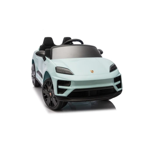 Przód i prawy bok z czarnymi felgami – miętowe Porsche Macan Turbo, samochód elektryczny na akumulator dla dzieci.webp