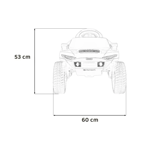Wymiary z przodu wysokość 53 cm i szerokość 60 cm – szare Audi RSQ e-tron, samochód na akumulator dla dzieci.webp