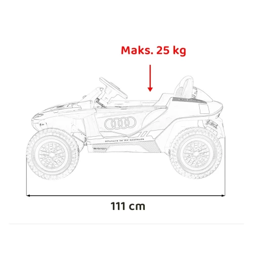 Długość 111 cm i maksymalne obciążenie 25 kg – wymiary szarego Audi RSQ e-tron, pojazdu na akumulator dla dzieci.webp