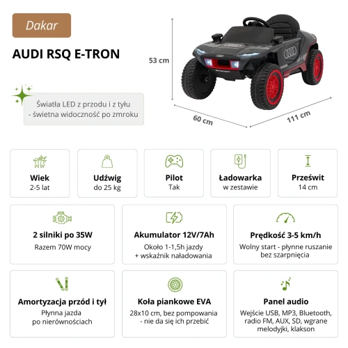 Audi RSQ e-tron szary 12V z pilotem rajdowe auto terenowe na akumulator dla dzieci - infografika.webp