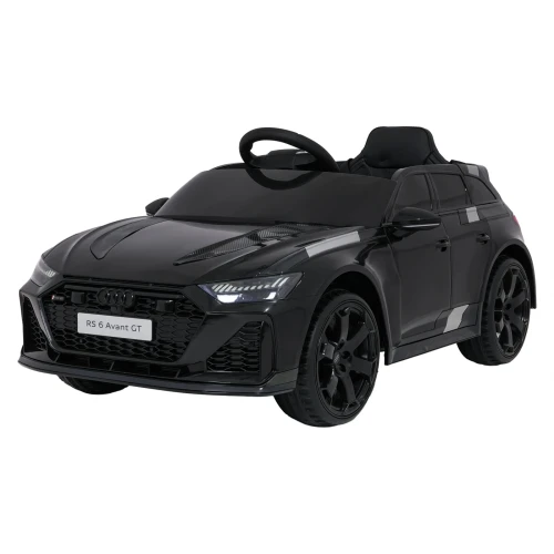 Ujęcie przodu i boku z czarnymi felgami i reflektorami LED – czarne Audi RS6 Avant GT, auto elektryczne na akumulator dla dzieci.webp