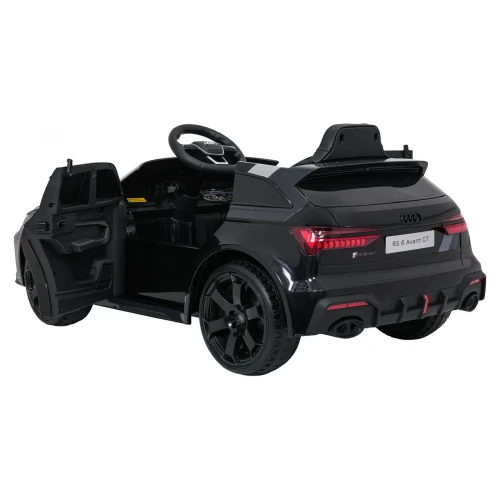 Tył i lewy bok z otwartymi drzwiami i widocznym kokpitem – czarne Audi RS6 Avant GT, samochód na akumulator dla dzieci.webp