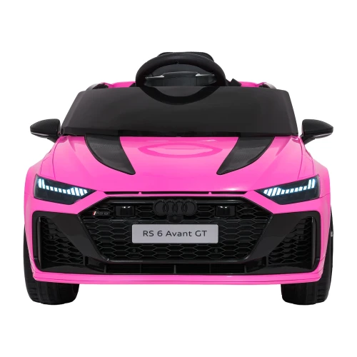 Przód z włączonymi reflektorami LED, grillem Audi i tablicą RS 6 Avant GT – różowe Audi RS6 Avant GT na akumulator dla dzieci.webp