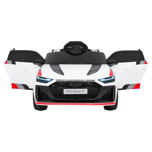 Przód z otwartymi drzwiami i włączonymi reflektorami LED – białe Audi RS6 Avant GT, samochód na akumulator dla dzieci.webp